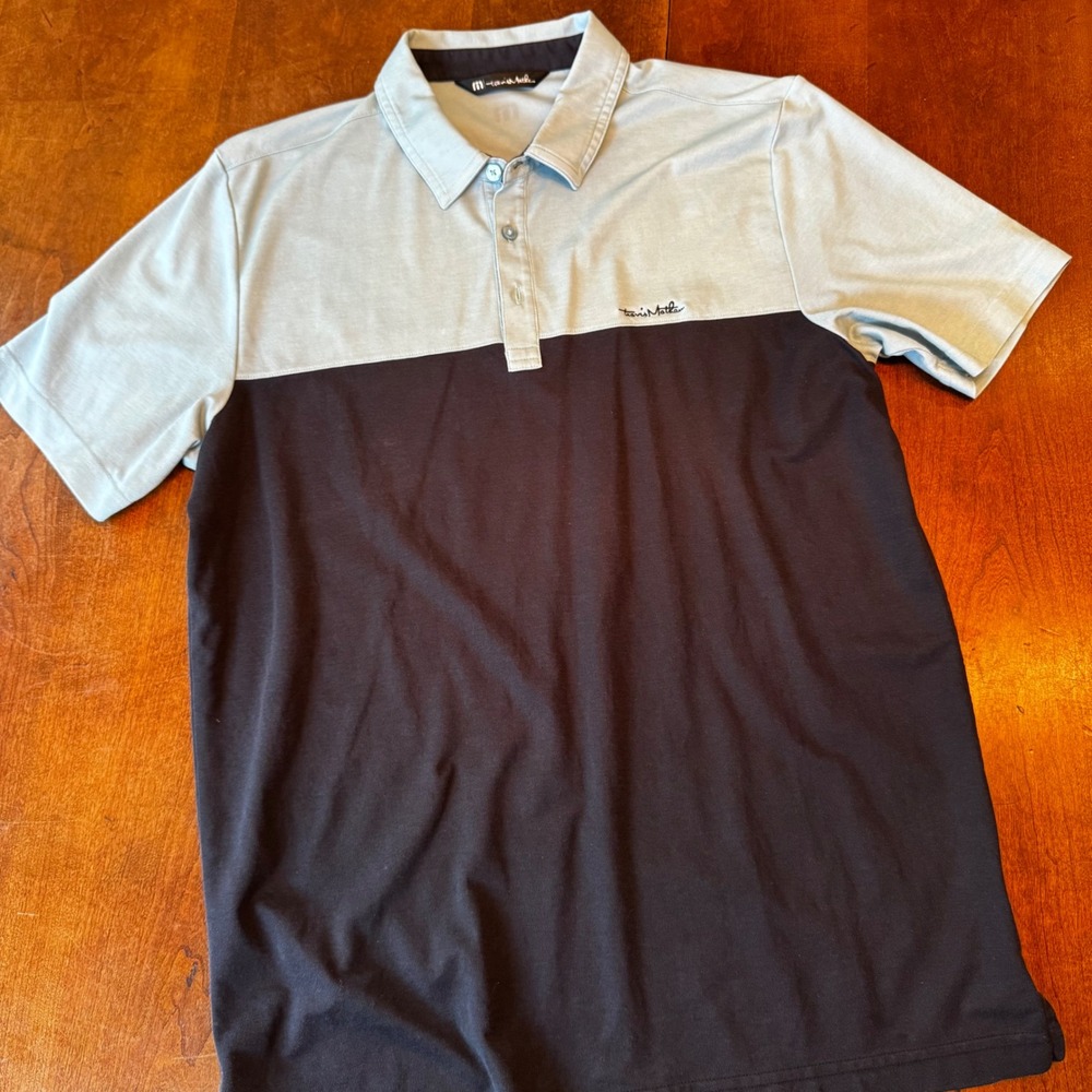 TravisMathew Polo Men Large Blue Navy Colorblock Short Sleeve Golf Performance